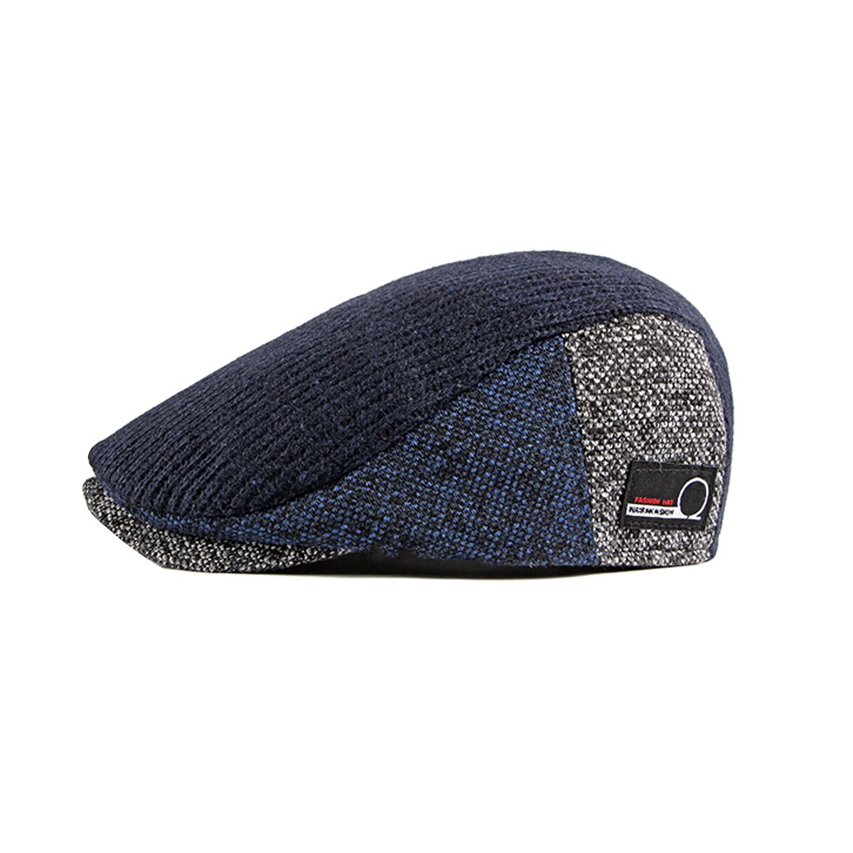 Mænds strikket patchwork flad barethattefarveblok nyhedsdreng cap vedbendshue cabbiehætter: Marine blå
