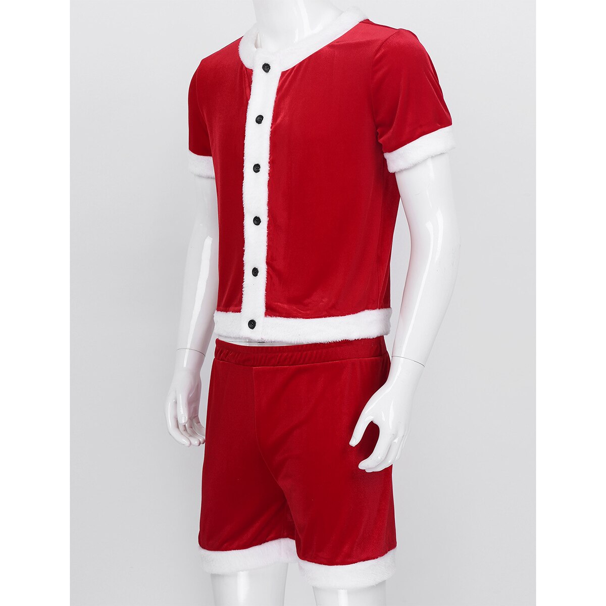 Volwassenen Zachte Fluwelen Kerstman Xmas Kostuum Korte Mouwen Rood Tops met Shorts Set Mannen Christmas Party Cosplay Fancy Dress outfit