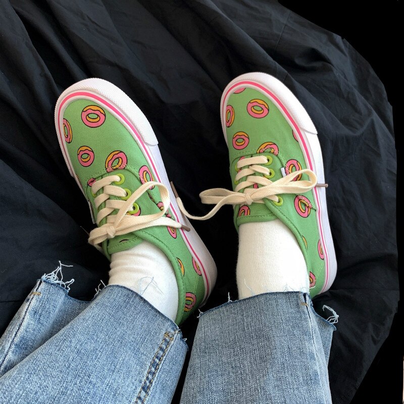 Meisje Chic Canvas Schoenen Lente Herfst Cartoon Donut Leuke Sneakers Met Donut Print Casual Schoenen Trainers 35-40 Lage lace Up
