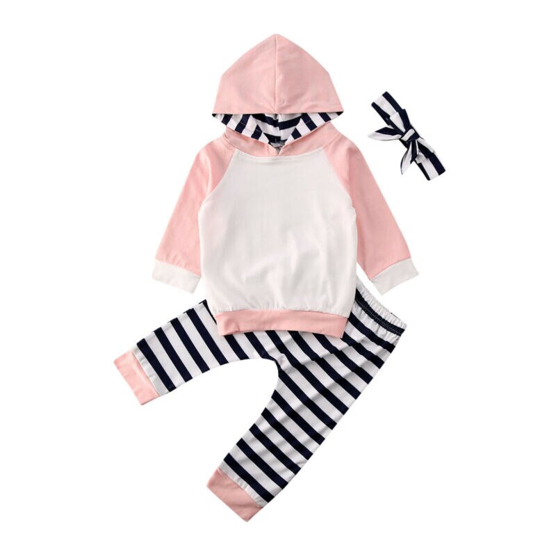 Appena nato Del bambino Della Ragazza 3pz Vestiti impostato con Cappuccio A Maniche Lunghe Magliette e camicette Felpa A Righe Pantaloni Della fascia abiti Abbigliamento