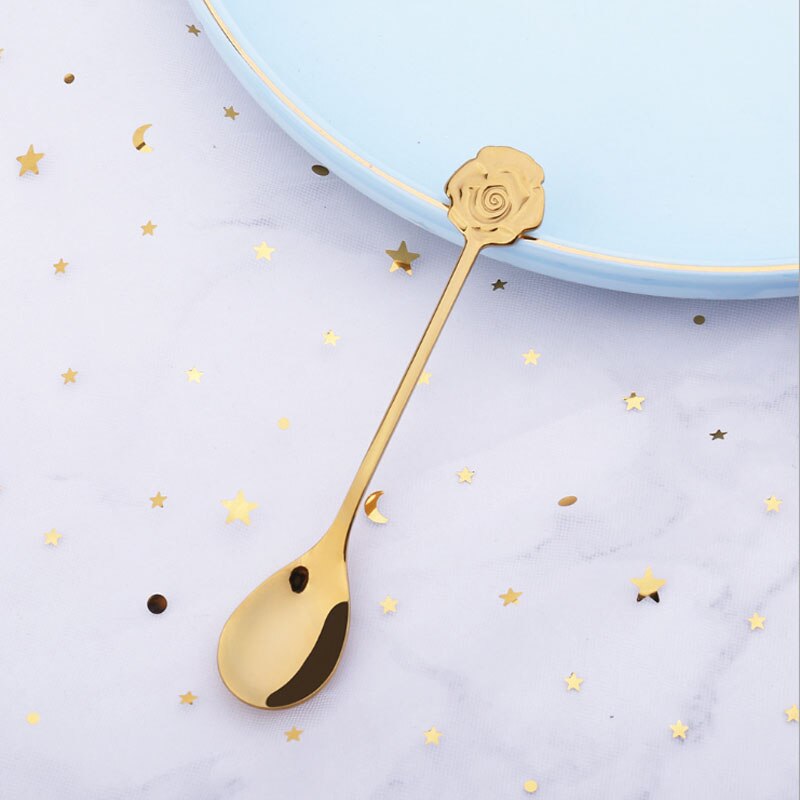 Japanese-style stainless steel coffee spoon dessert series set home kitchen rose four-leaf clover cartoon spoon: Golden rose