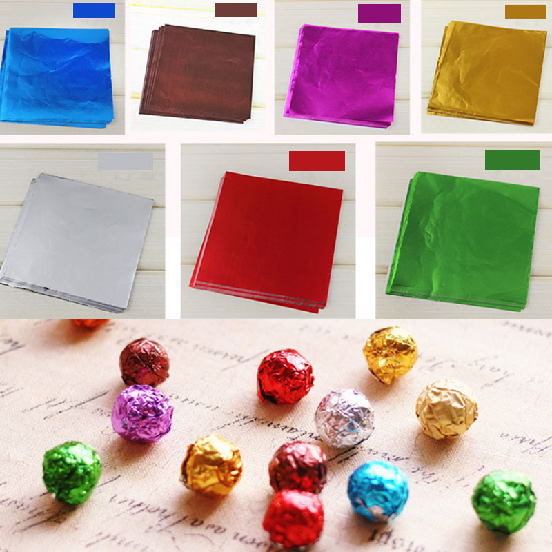 100 pièces chocolat emballé papier aluminium feuille de sucre couleur aléatoire 10*10 cm