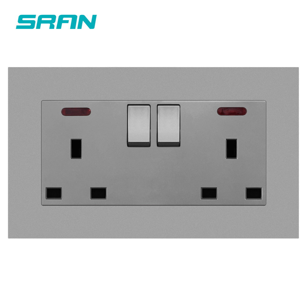 SRAN dual power socket UK,2gang 13a with switch flame retardant PC panel 146mm*86mm with LED indicator wall socket uk: Gray A1