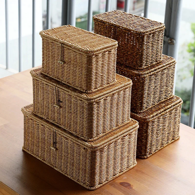Large Storage Basket Rattan Woven Storage Box with Lid Stackable Sundries Basket Storage Organizer Toy Container Orgainzation