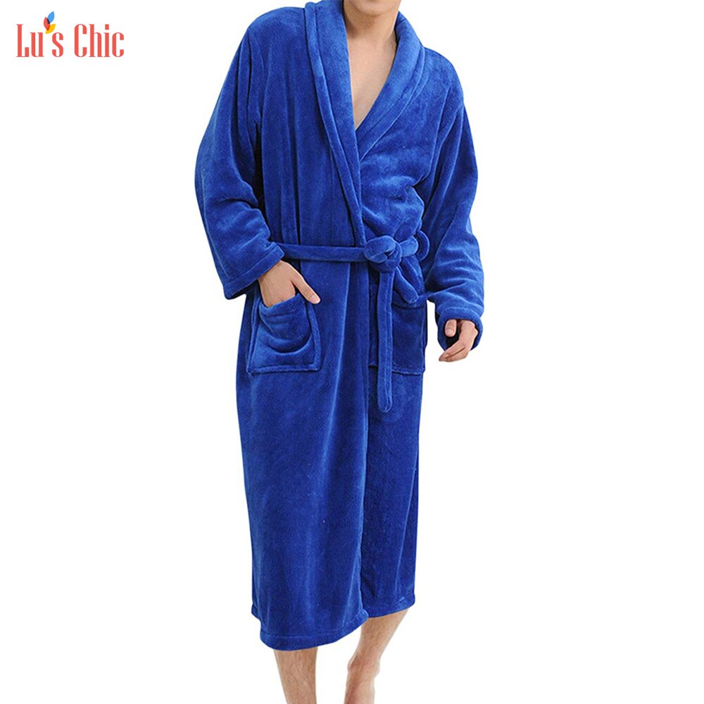 Lu's elegant menn fleece kappe plysj kimono badekåpe vintermyk varm lang nattkåpe husfrakk: Kongeblå / Xxl