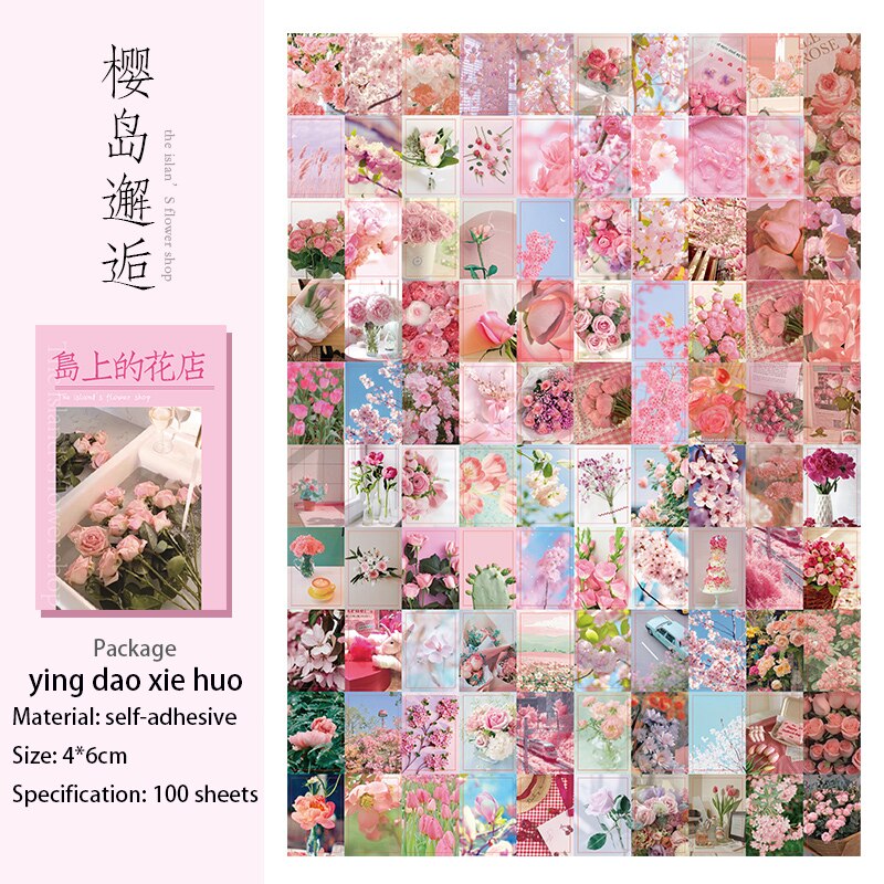 JIANWU 100 Sheets Aesthetic Flower Decorative Stickers Journal Collage Material Scrapbooking Boxed Stickers Stationery Supplies: ying dao xie hou