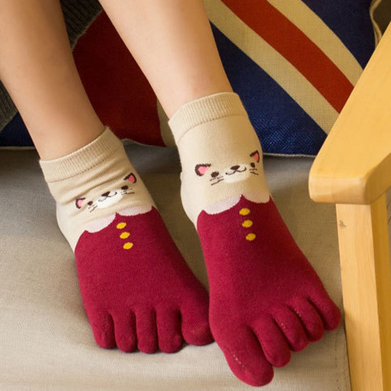 1 Paar Vrouwen Meisjes Zachte Cartoon Kat Sokken Vijf Vinger Tenen Katoen Herfst Winter Warme Sokken N66