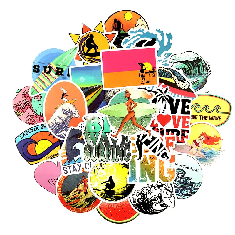 50Pcs/Set INS Fun Beach Surfing Stickers For Laptop Luggage Skateboard Guitar Motocycle Doodle Decor Helmet Surfboard Stickers