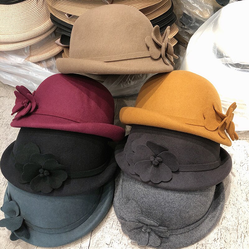 Sombrero Fedora con flores para mujer, sombrero de lana de 100% estilo inglés, Estilo Vintage, Boina de pintor francés,
