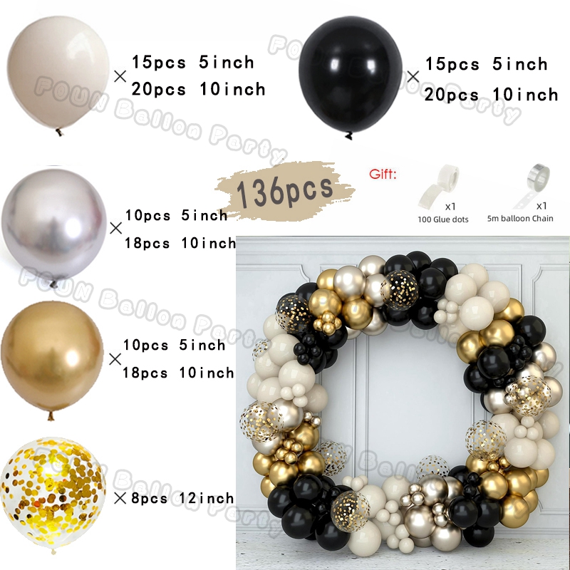 Czarne złote balony urodzinowe Zestawy łuków Srebrny Beżowy Złoty Balon konfetti Urodziny Dekoracja ślubna Chrzest Wystrój ukończenia szkoły
