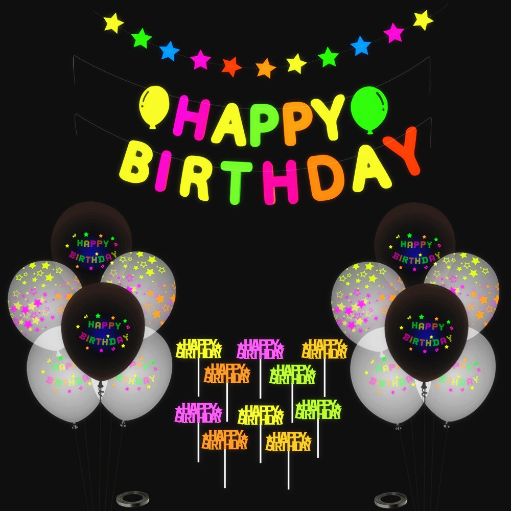 1set Glow In The Dark Party Happy Birthday Paper Garland Banner Neon Birthday Fluorescent Blacklight UV