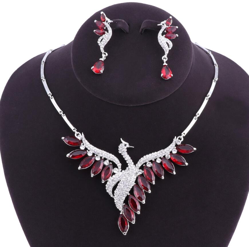 Wedding Bridal Jewelry Sets Peacock Necklace Earrings Set Party Prom Wedding Accessories Decoration: Red Silver