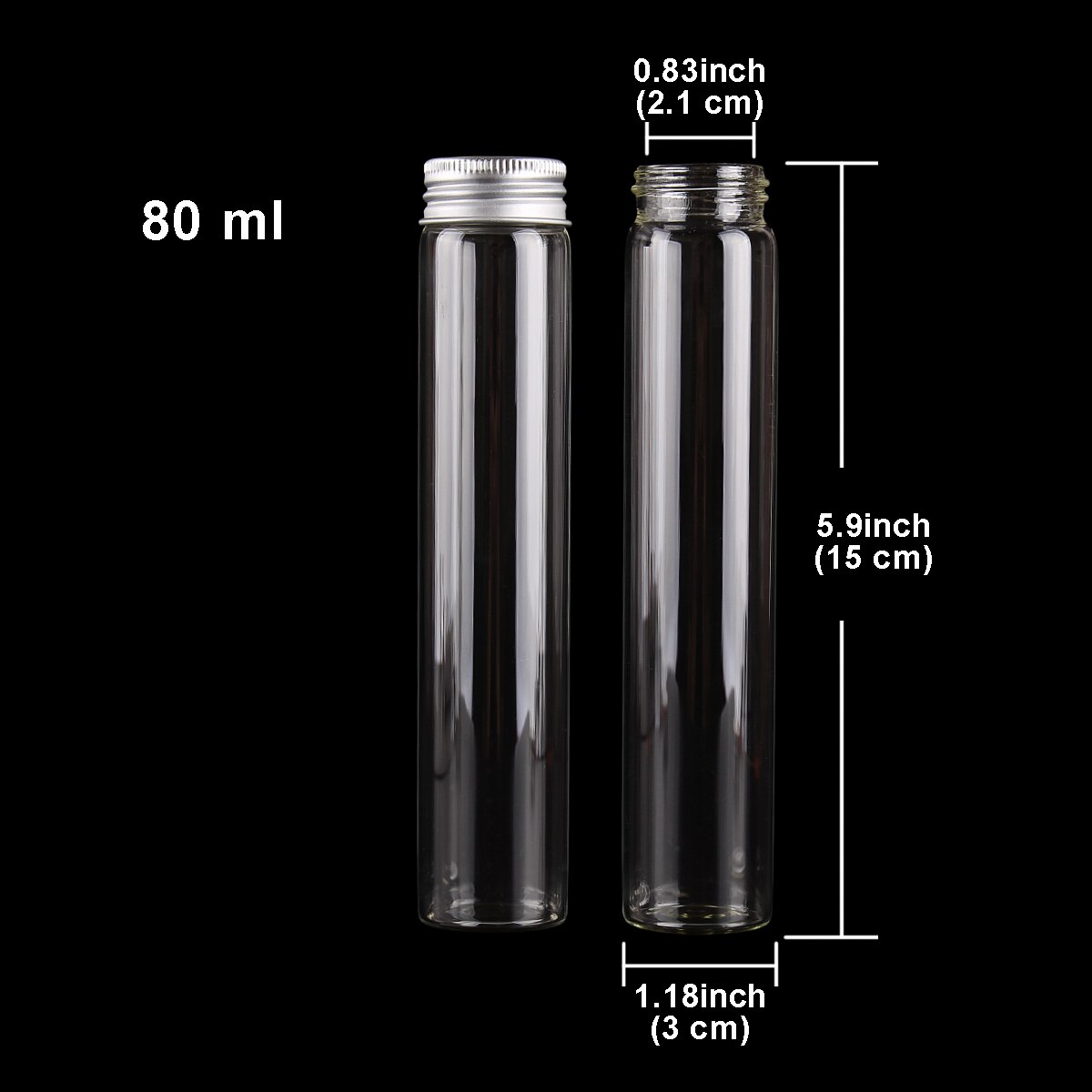 Botellas de vidrio con tapas de aluminio para boda, frascos de vidrio con tapas para favores, manualidades artísticas, 10ml, 15ml, 20ml, 25ml, 30ml, 40ml, 50ml, 60ml, 80ml, 100ml, 24 unids/lote: 80ml(30X150mm)