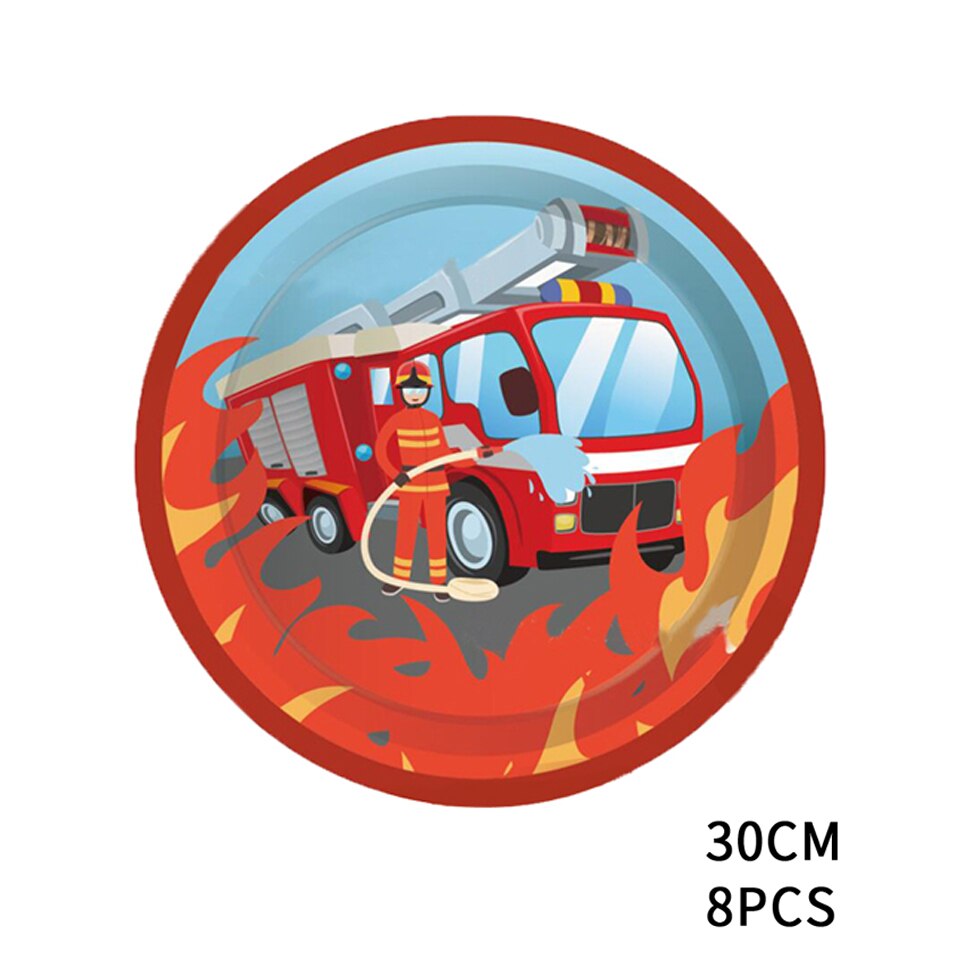 1 Set Firefighter Theme Decoration DIY Spiral Ornaments Fire truck Balloons Disposible Tableware Kids Birthday Party Supplies: 9inch plate