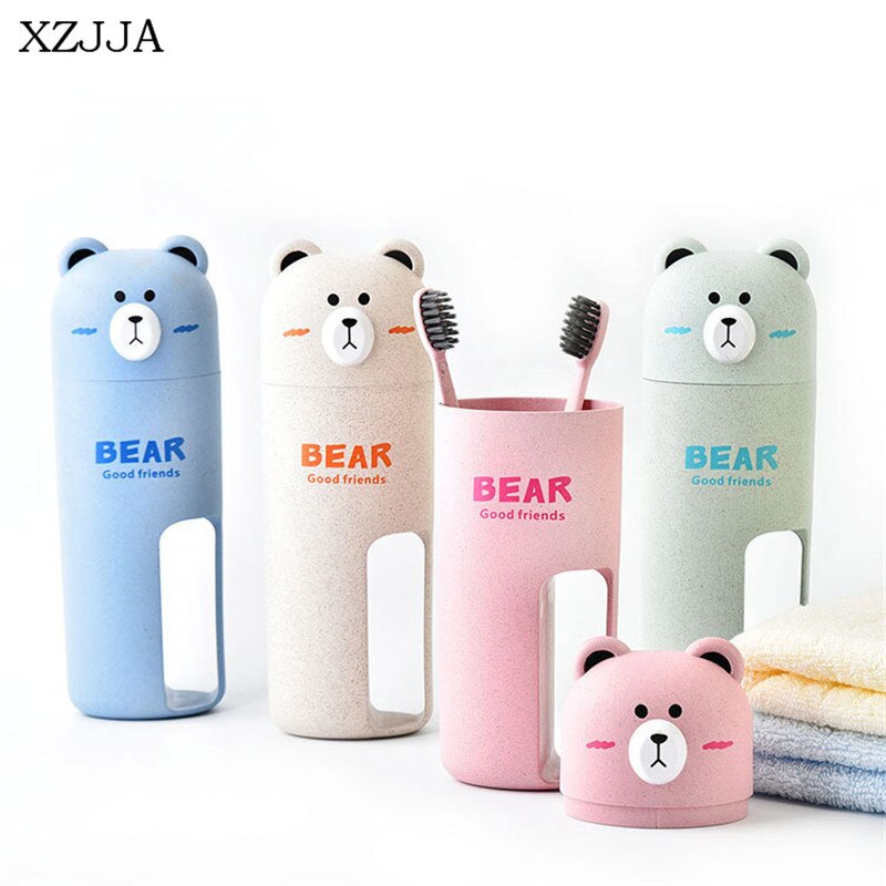 XZJJA Wheat Straw Cute Bear Bathroom Accessories Sets Travel Wash Cup Set Portable Toothbrush Toothpaste Box Wash Gargle Suit