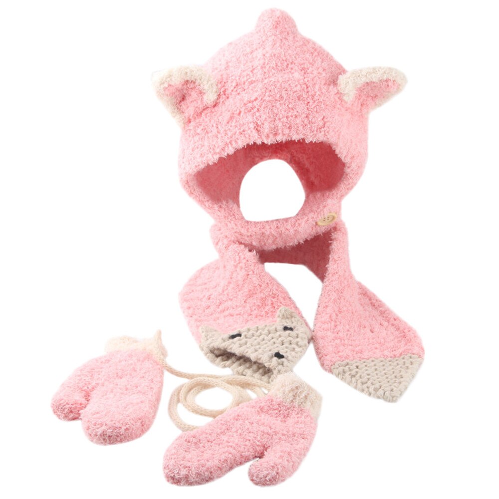 Baby Winter Gloves Toddler Girls&Boys Baby Crochet Knit Hat Beanie Cap Scarf Gloves Set Children Mittens Children hooded gloves: Pink 