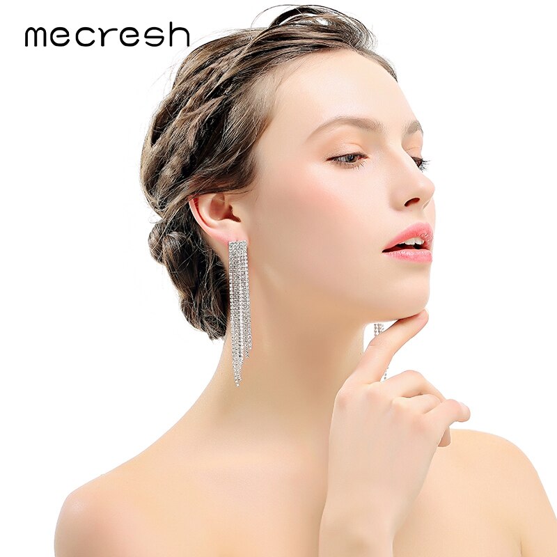 Mecresh Rhinestone Tassel Earrings Bracelet Set Bridal Wedding Jewelry Silver Color Earrings Tennis Bracelet Sets 424+341-8