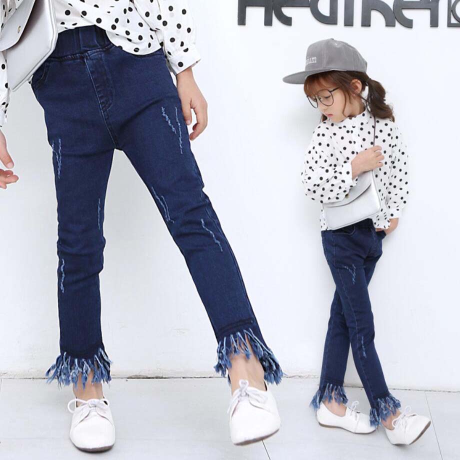 Børn jeans piger efterår forår bomuld denim bukser baby piger casual frynser bukser børn denim outwear 3-11y børn outwear