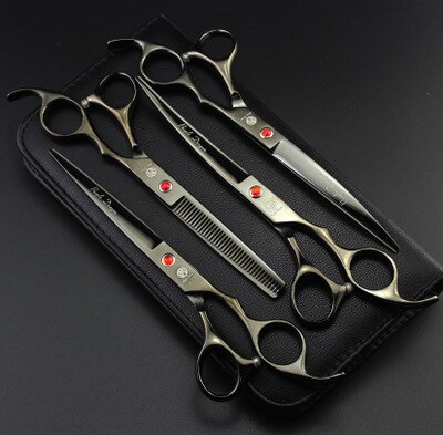 7.0 inch Professionele Huisdier Schaar Hond Verzorgen Schaar Set Straight &amp; Gebogen &amp; Dunner 4 stks Set Huisdier haircut Gereedschap: Gray  P-704