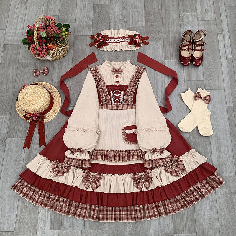 Japanse Harajuku Zoete Lolita Op Jurk Girly Leuke Berry Bos Strik Prinses Jurk Vrouwen Rode Hooded Mantel Tea Party Jurken