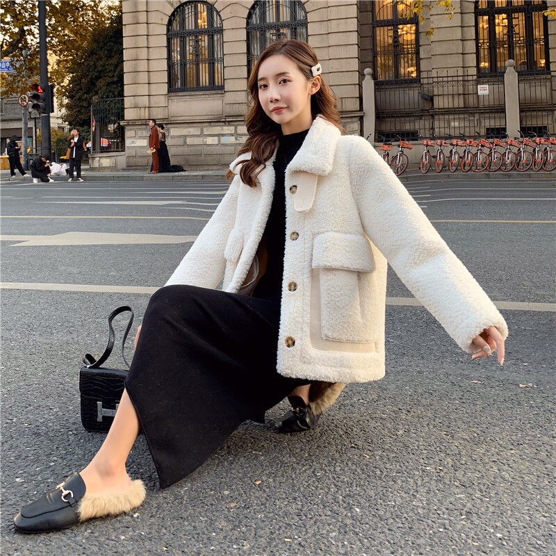 дубленка женская Korean Thick Wool Jacket Warm Women&#39;s Winter Sheepskin Coat One Piece Fur Coats All-Match Traf: Beige / XL 65-75KG