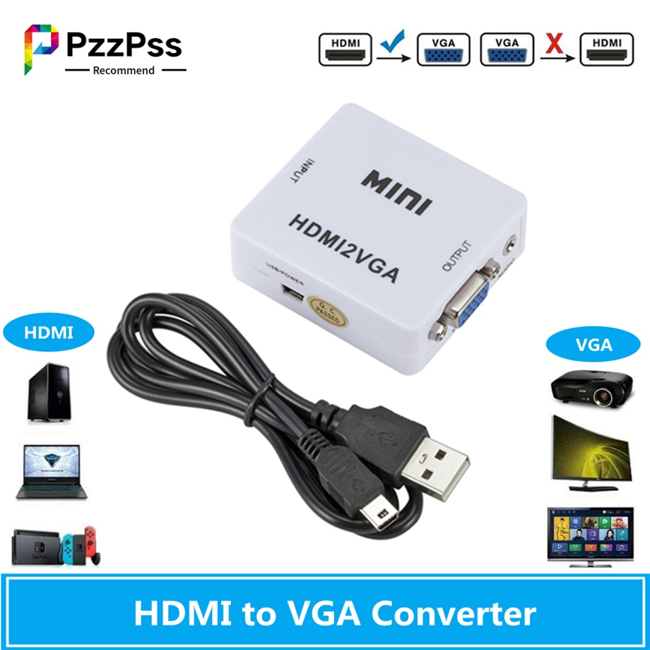 Pzzpss hdmi-kompatibel til vga-adapter hdmi 2 vga-konverter digital analog  hd 1080p til pc bærbar tablet-skærm hdmi til vga