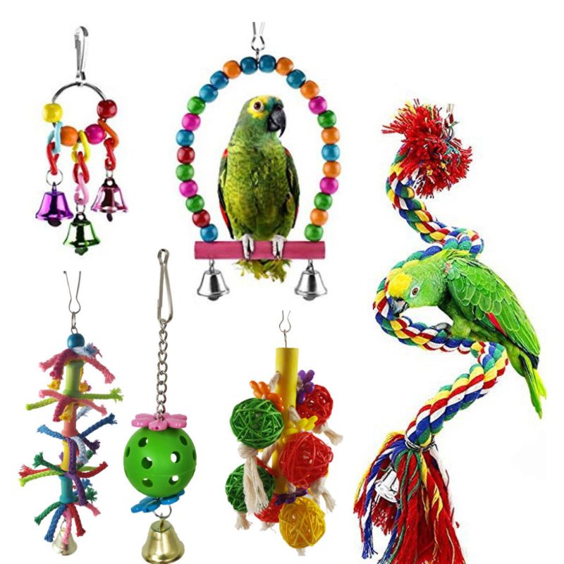 6 unids/set juguetes de columpio para pájaros y mascotas, juguetes de loros para masticar, Perches colgantes, campanas, pequeños periquitos, jaula para loros, morder, cuerda de escalada, juguete N1HA
