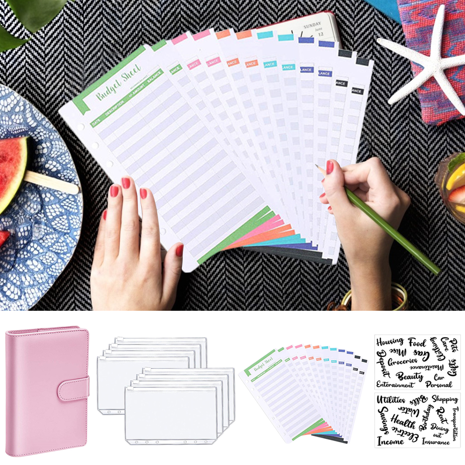 A6 Binder Zipper Bag Notebook Leather PU Loose-leaf Book Budget Handbook With Zipper Pocket Expense Budget Sheets Letter Sticker