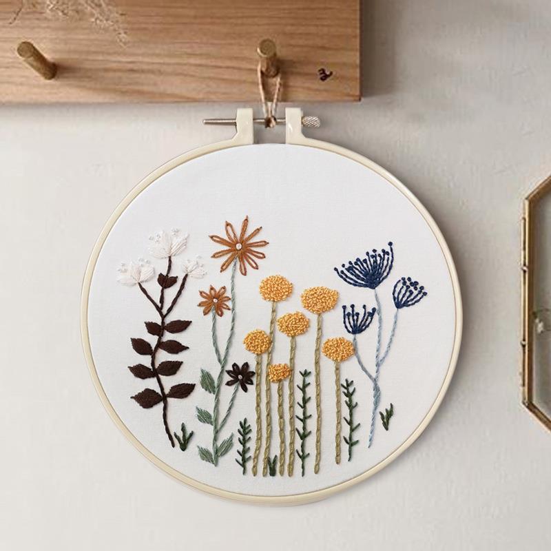 Conjunto de bordado con patrón de flores, herramientas de costura impresas para principiantes, Kit de bordado redondo de punto de cruz, Kit de artesanía de costura, decoración: 03