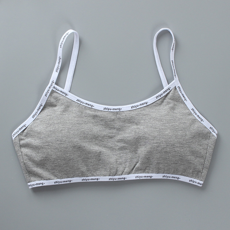 8-16 Years Cotton Girl&#39;s Training Bra Puberty Schoolgirl Detachable Chest Pad Sports Bras Girl Underwear Tube Top Daily Fitness: Letter Gray