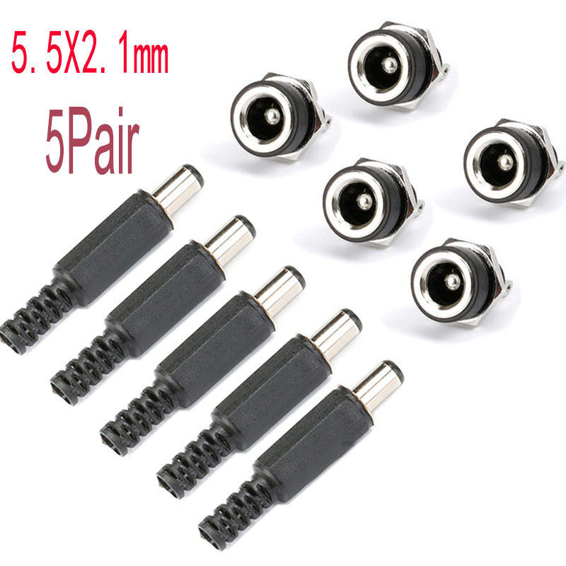 10Pcs DC 5.5x2.1mm 3.5x1.3mm 2.1 2.5 Connectors DC Power Plug Male Female Jack Socket Nut Panel Mount DC Power Adapter Connector: Silver