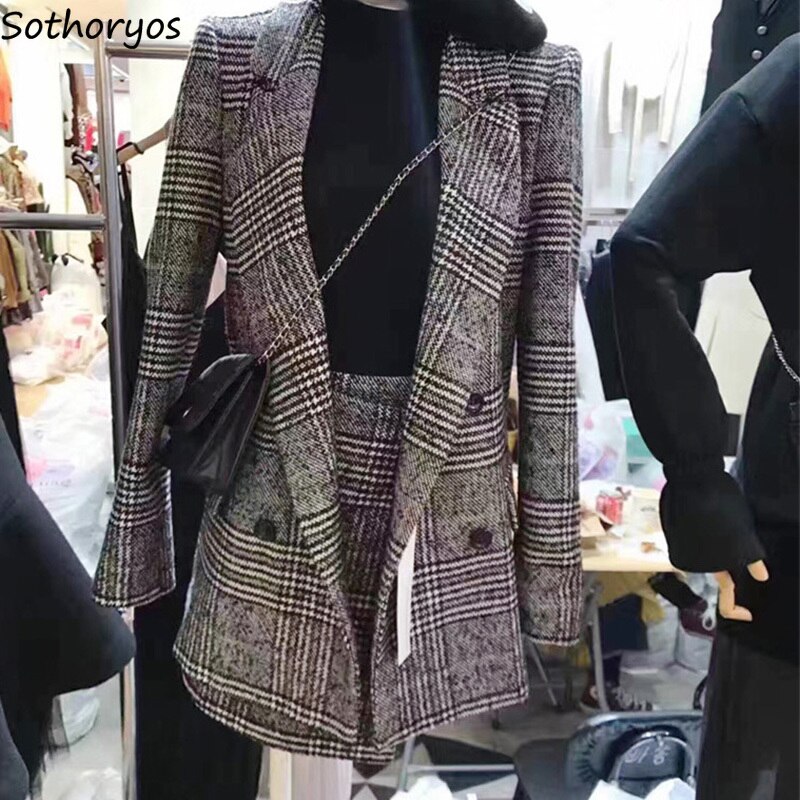 Blazere kvinder hak plaid enkel matchende retrolommer fritid slank blazer dame koreansk stil chic dametøj