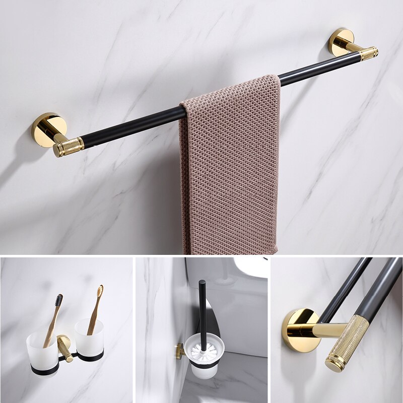 Solid messing håndklæde håndklædeholder hylde væg toiletbørsteholder sæbedispenser knagerækker sort guld badeværelsestilbehør sæt