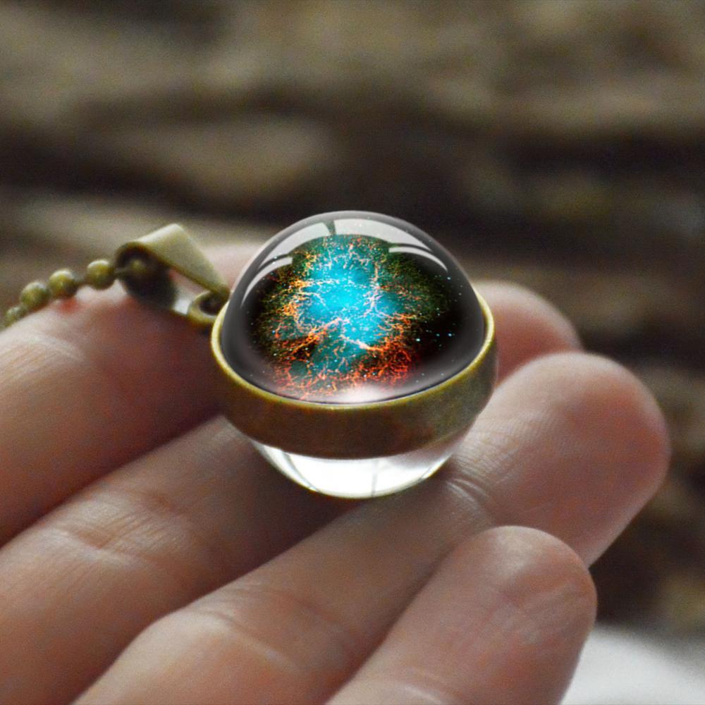 Handmade Universe Star Ball Pendant Necklace Double Sided Glass Ball Glowing Pendant Gold Chain Luminous Planet Jewelry Unisex