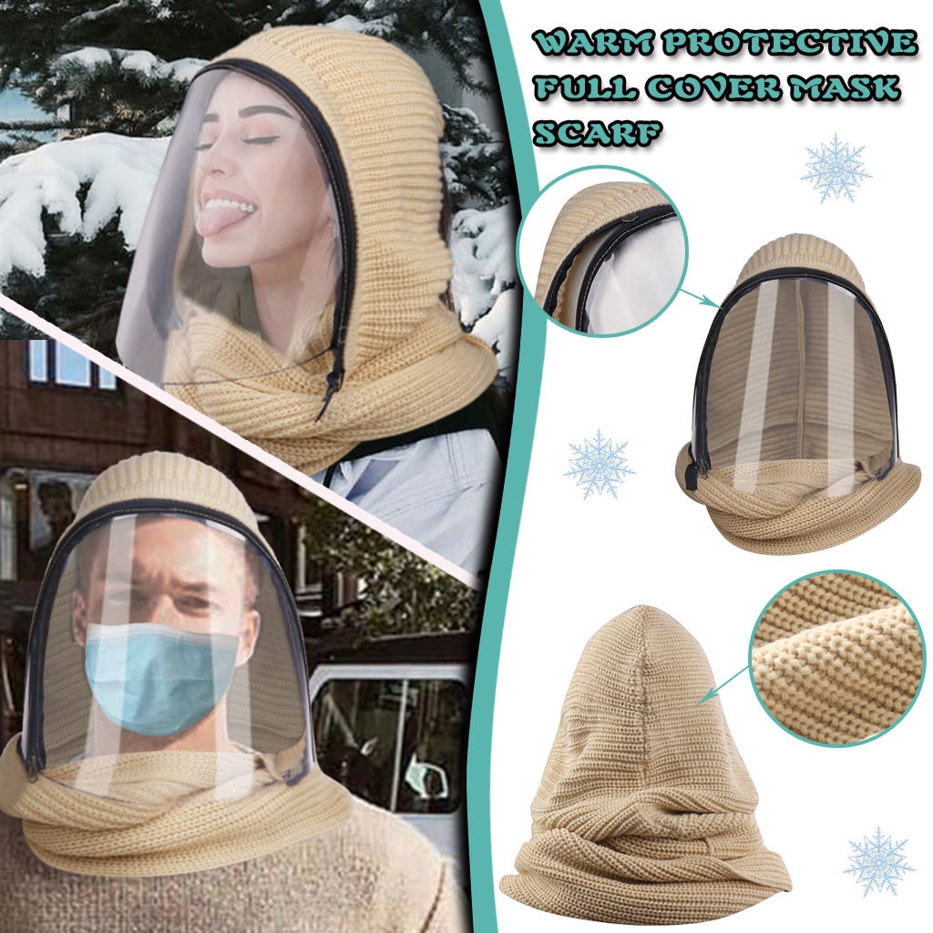 #R40 Full Face Cover Transparent Face Shield Winter Dustproof Windproof Knitted Scarf Warm Full Face Scarf Hiking Scarves