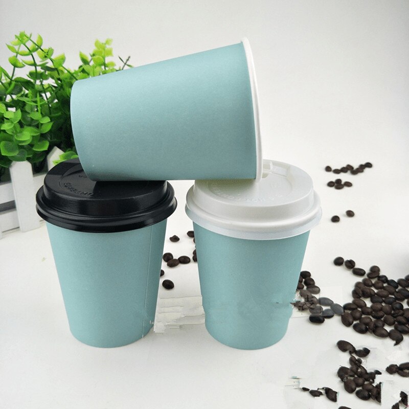50pcs 8oz 250ml pure blue disposable cups single layer thicken paper milk tea cold drink juice cup with lid