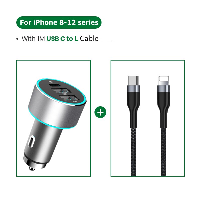 76w usb metal car charger,  qc 3,0 type-c pd quick charge 4,0 4,0 fast charging for iphone 12 11 , samsung 3,0 qc oneplus, huawei  p40.: Add 1m c to l cable