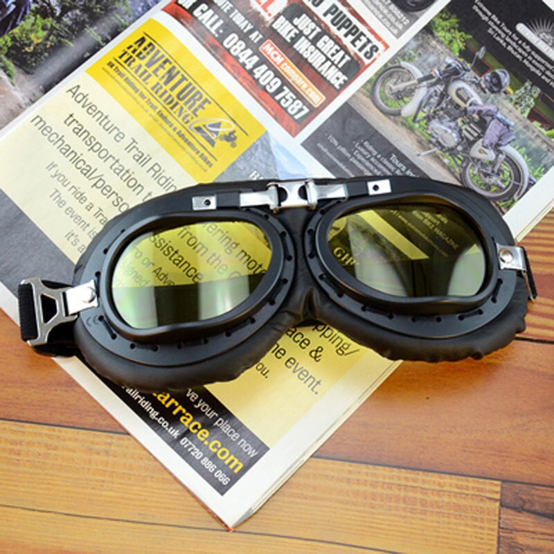 Lunettes de moto pour casque, pour pilote aviateur, rétro, en cuir PU, cuivre lunettes, pour Cruiser Cafe Racer: N