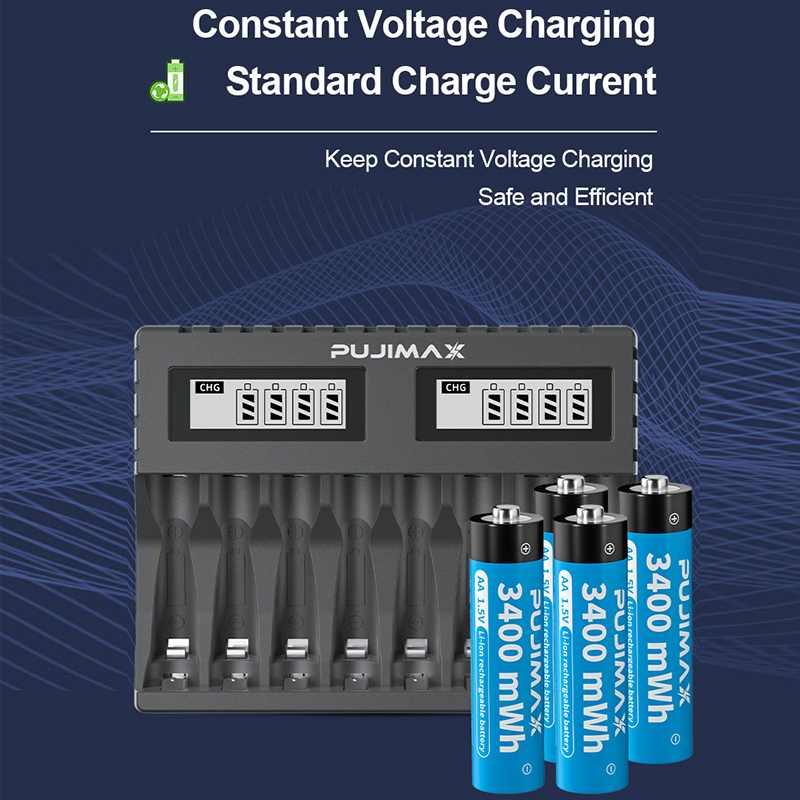 PUJIMAX 1.5V Rechargeable Lithium Battery 3400mWh Large Capacity Li-ion Battery With 8-slot 1.5V Li-ion Battery Charger
