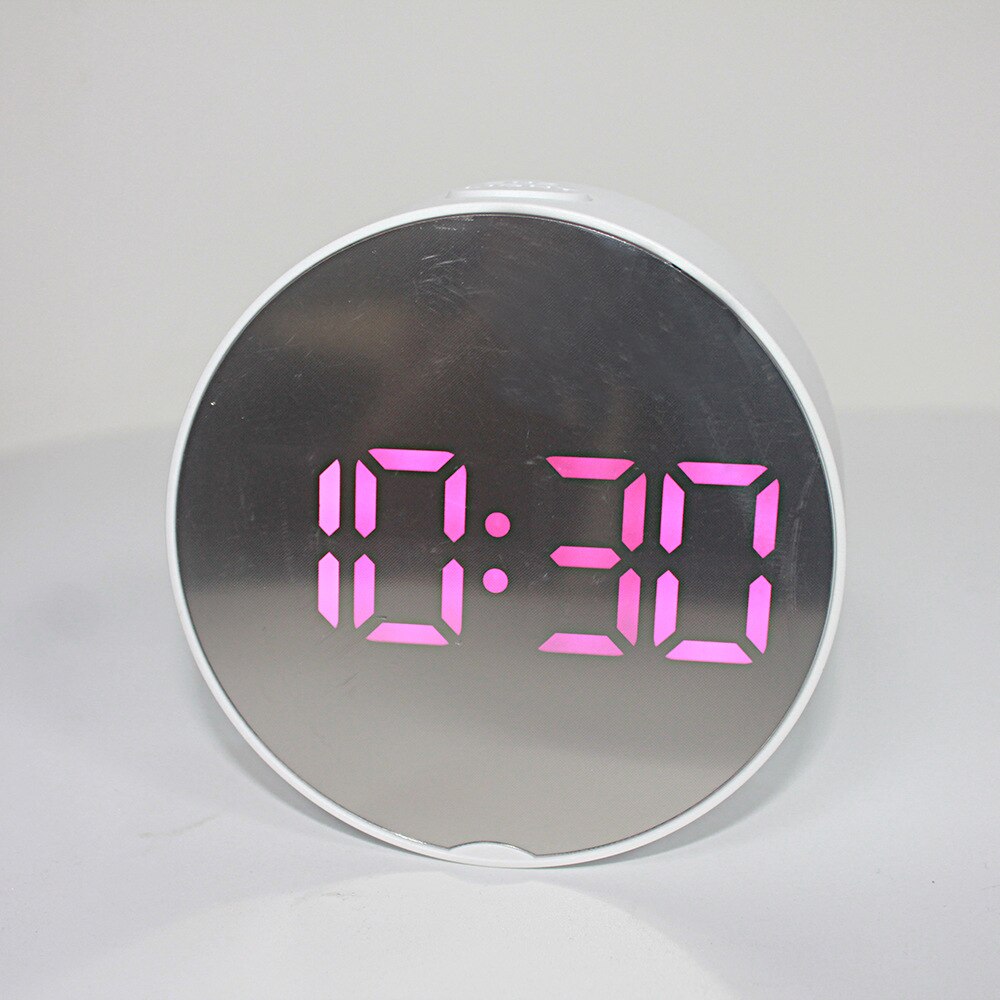 Horloge électronique ronde multifonctionnelle avec réveil LED miroirs, grand écran, horloge numérique multicolore: White and powder