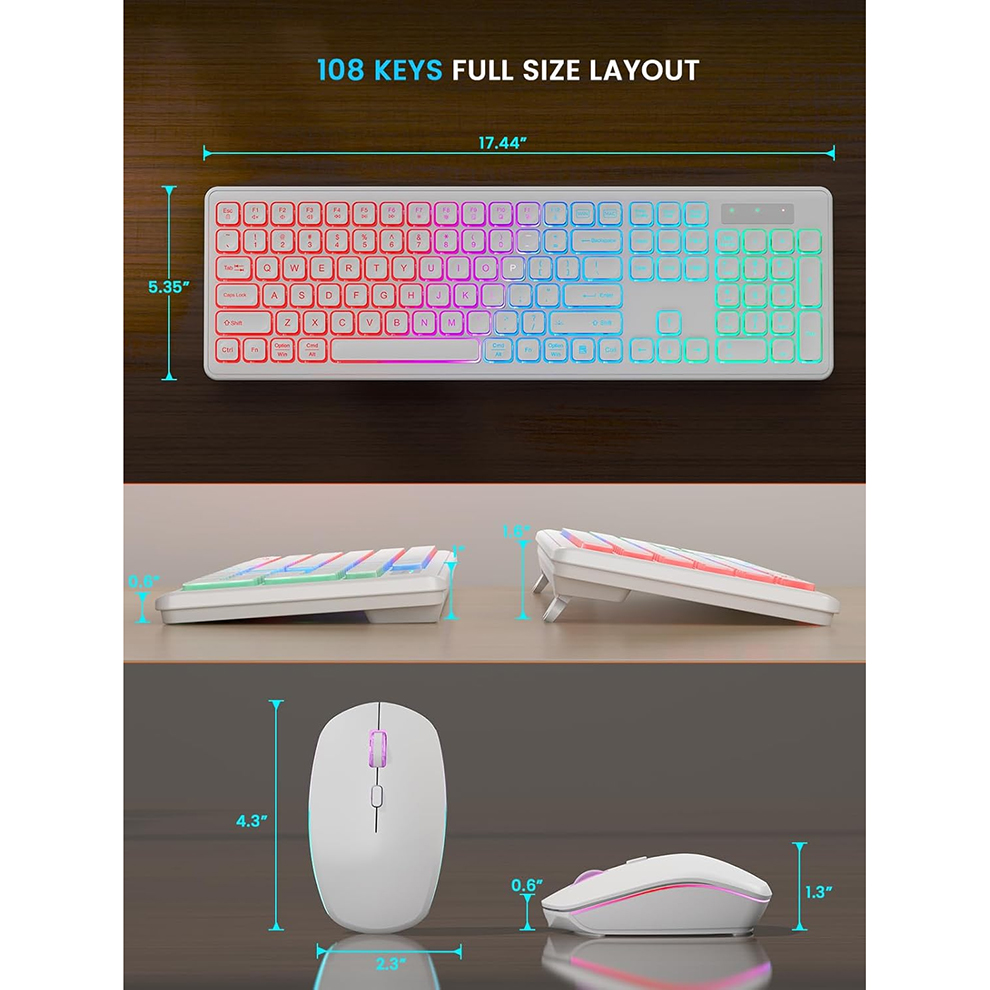 Backlit Wireless Keyboard and Mouse,Quiet Light Up Keys, Tilt Legs, Rechargeable USB Cordless Combo for Computer, PC, Laptop