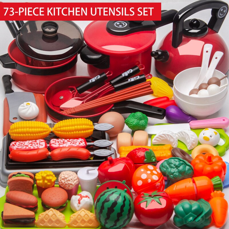 Kit de cocina de plástico para niños, juego de simulación de frutas y verduras, juguete educativo para cortar, de cumpleaños, 150 piezas: 73-piece set