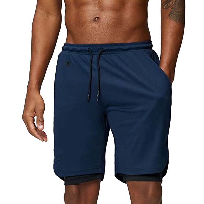 Men's Gym Fitness Training Quick-Drying Shorts Double-Layer Running Shorts Outdoor Sports Basketball Shorts Navy Blue L