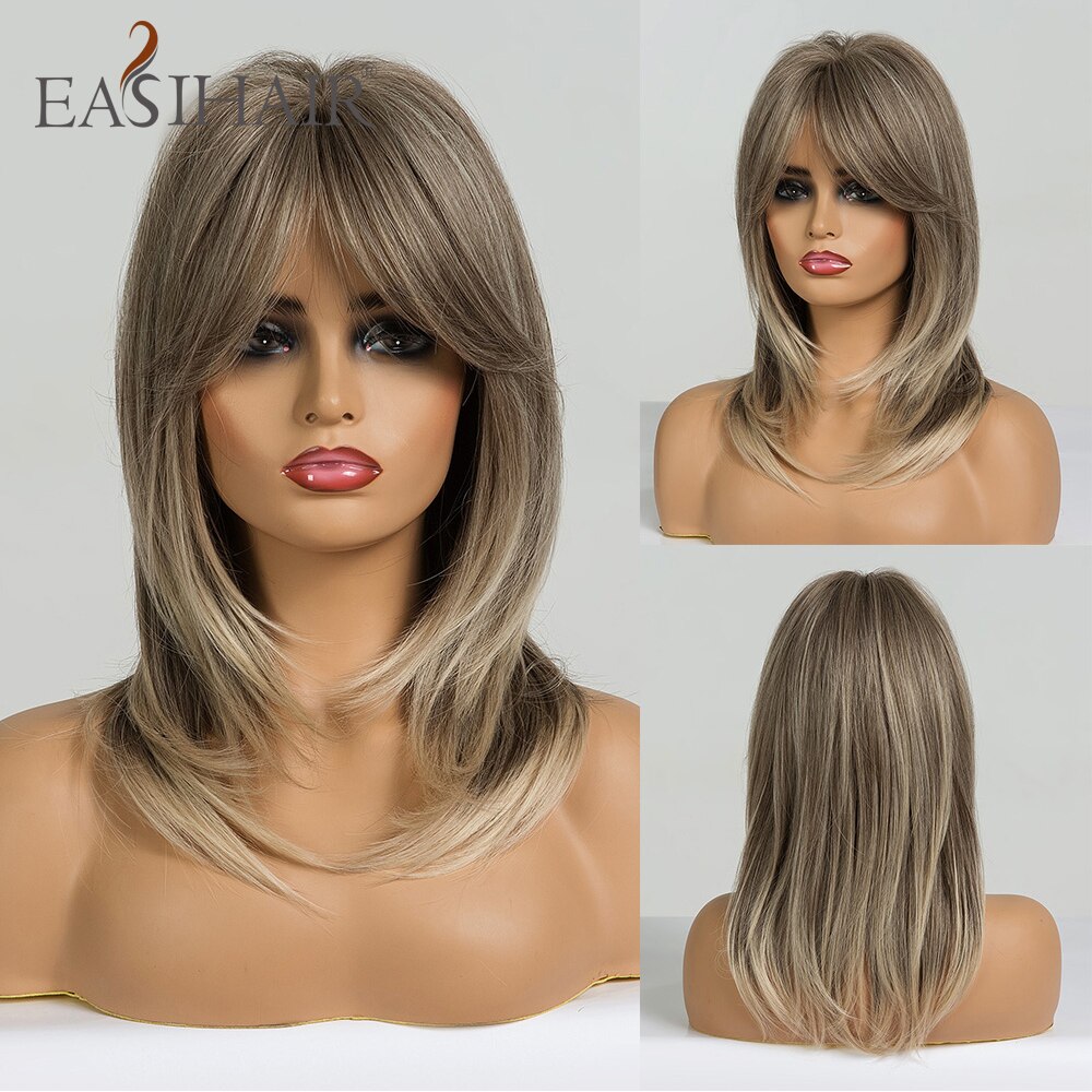 EASIHAIR Synthetic Wigs for Women Grey Short Wigs with Bangs Layered Natural Hair Wigs Daily Bob Hairstyle Wig Heat Resistant