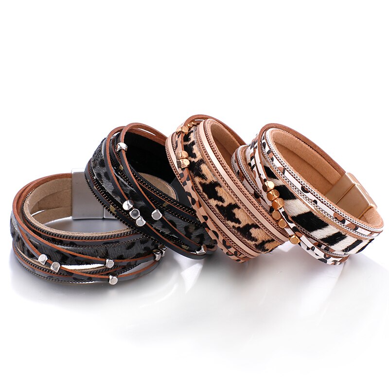 Amorcome luipaard leren armbanden voor dames metalen kralen bohemian brede wikkelarmband dames feest sieraden