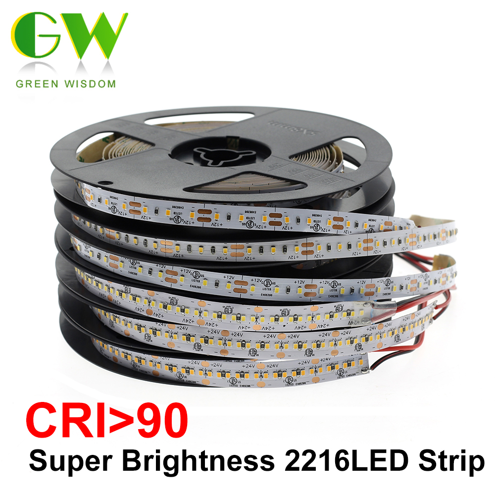 High End LED Strip SMD 2216 CRI> 90 12V 120 LEDs/m 24V 300 LEDs/ m 3000K 4000K 6000K Hoge Helderheid Flexibele LED Light Tape 5 m/partij