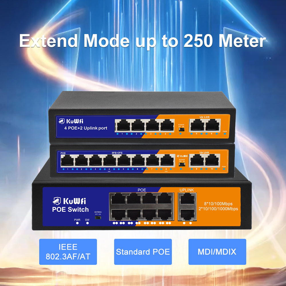 Switch Ethernet PoE KuWFi de 4/8 Portas, 2 Portas Uplink, Alcance de 250m, Não Gerenciado, Plug & Play para Câmera IP, Laboratório Doméstico, Roteador