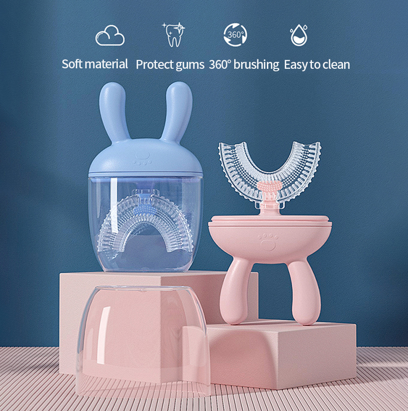 Spazzolino da denti a forma di U per bambini spazzolino da allenamento manuale per bambini spazzolatura a 360 gradi strumenti per la pulizia orale con coperchio antipolvere per 2-12 anni