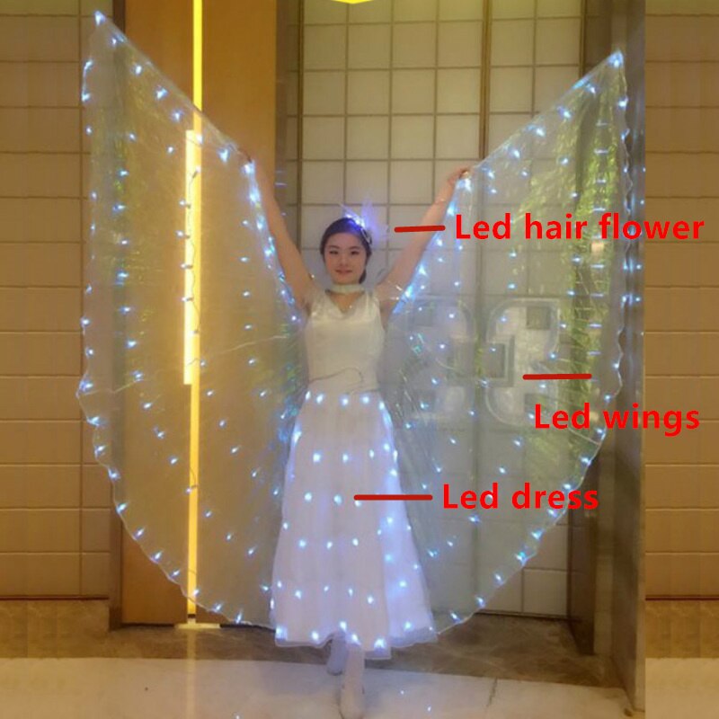 Ruoru, alas Led para danza del vientre para adultos y niñas, disfraz de Alas de Led de carnaval, Led blanca con alas de Isis, vestido Led con flores para cabeza, ropa para danza del vientre
