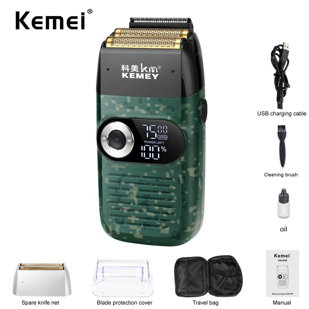 Kemei 2 In 1 Electric Shaver for Men Rechargeable Portable Cordless Men Reciprocating Razor Beard Trimmer LCD Display KM-2026: Camouflage no box